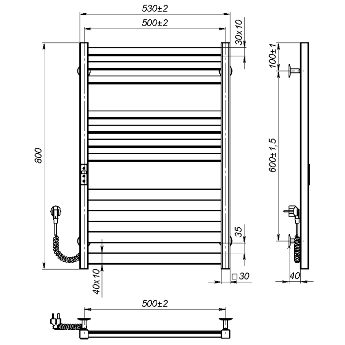 Рушникосушарка електрична Silvia (800*500,11,Сіра,Ліве підключення,JD04)