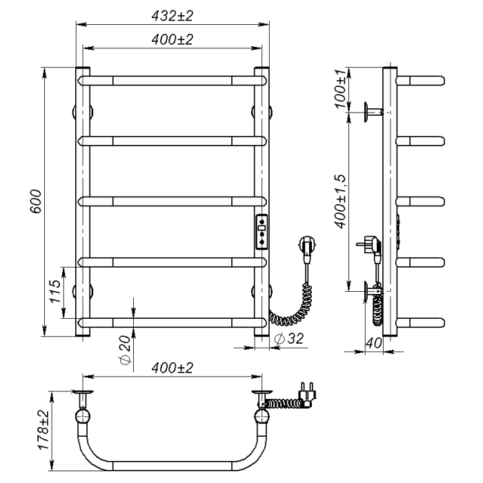Рушникосушарка електрична Sunny (600*400,5,Полірована,Праве підключення,JD03)
