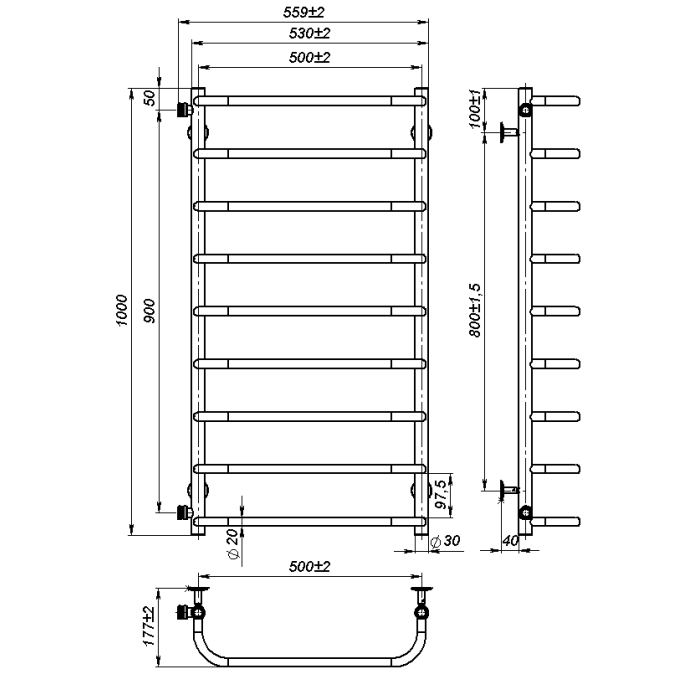 Рушникосушарка водяна Sunny (1000*500,9,Біла,Ліве підключення)