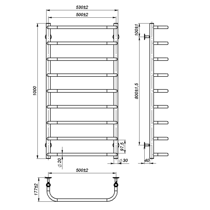 Water towel dryer Sunny (1000*500,9,Black,Lower)