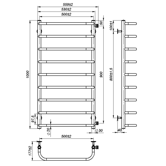 Рушникосушарка водяна Sunny (1000*500,9,Сіра,Праве підключення)