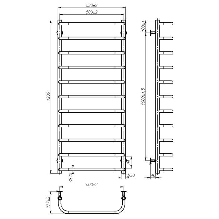 Рушникосушарка водяна Sunny (1200*500,11,Чорна,Нижнє підключення)
