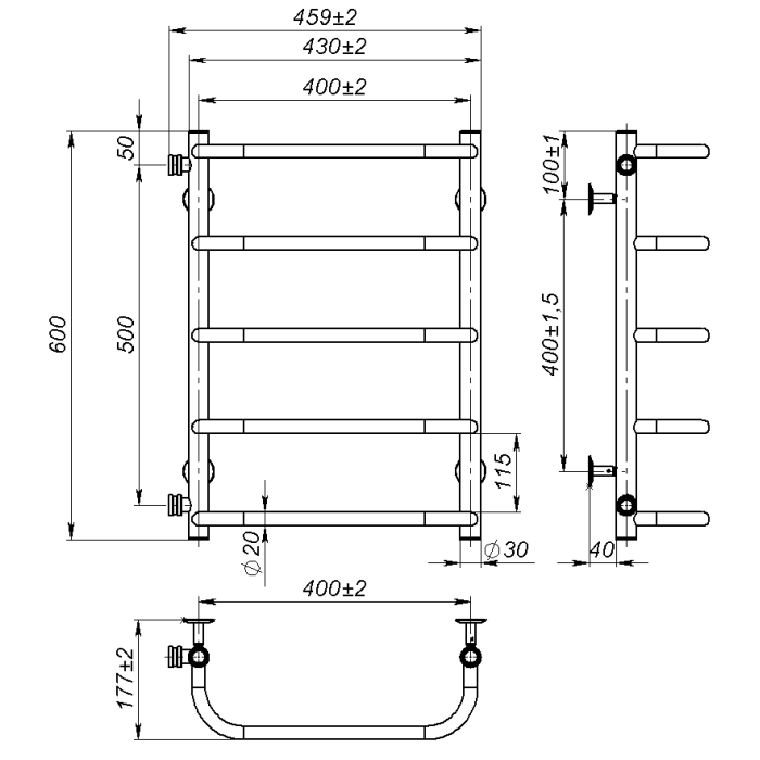Рушникосушарка водяна Sunny (600*400,5,Полірована,Ліве підключення)