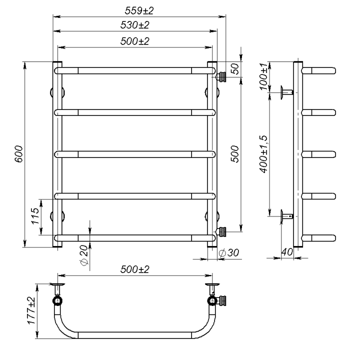 Water towel dryer Sunny (600*500,5,Grey,Right)