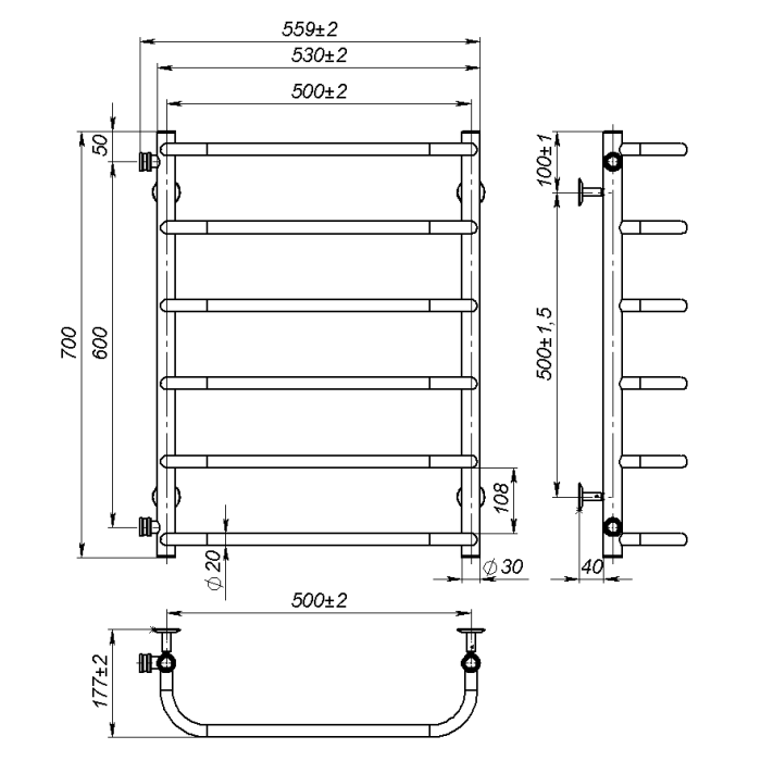Рушникосушарка водяна Sunny (700*500,6,Чорна,Ліве підключення)