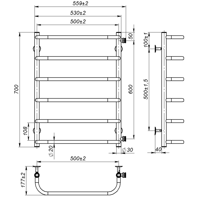 Water towel dryer Sunny (700*500,6,Black,Right)