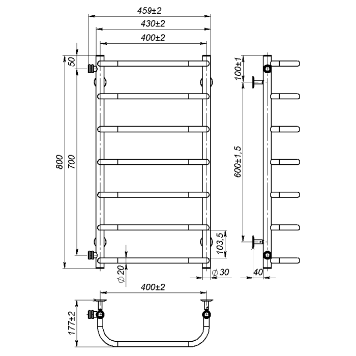 Рушникосушарка водяна Sunny (800*400,7,Біла,Ліве підключення)