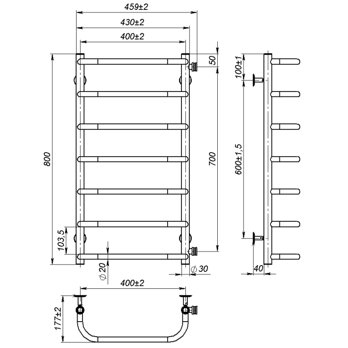 Рушникосушарка водяна Sunny (800*400,7,Біла,Праве підключення)
