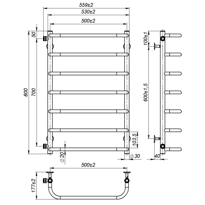 Рушникосушарка водяна Sunny (800*500,7,Сіра,Ліве підключення)