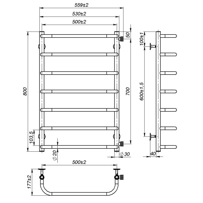 Рушникосушарка водяна Sunny (800*500,7,Біла,Праве підключення)