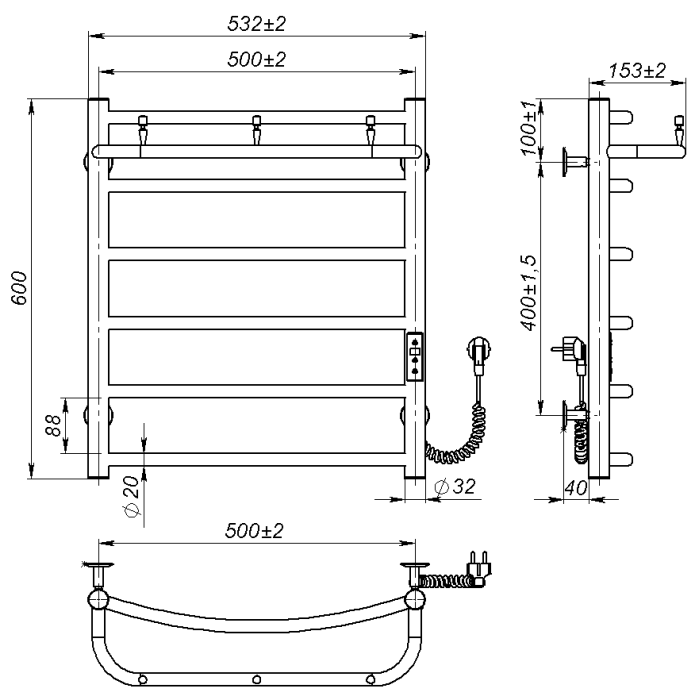 Рушникосушарка електрична Sora New (600*500,6,Сіра,Праве підключення,JD03)
