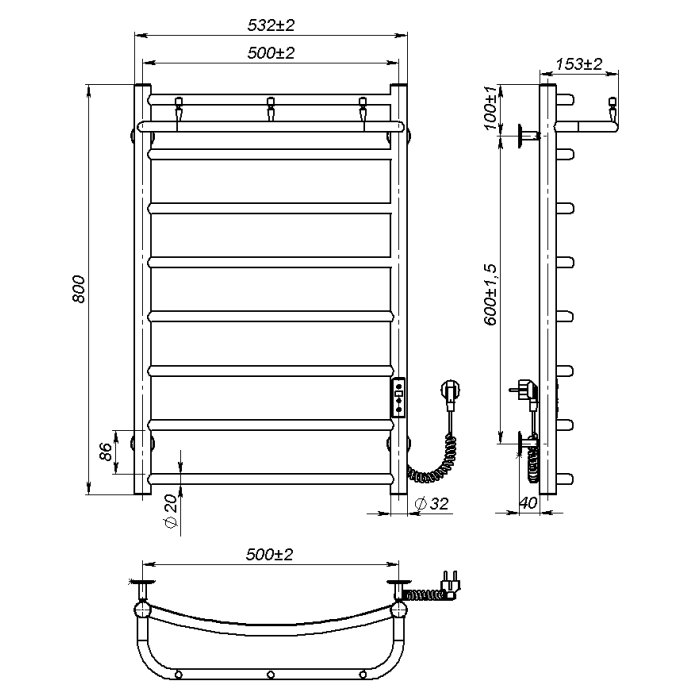 Рушникосушарка електрична Sora New (800*500,8,Сіра,Праве підключення,JD03)