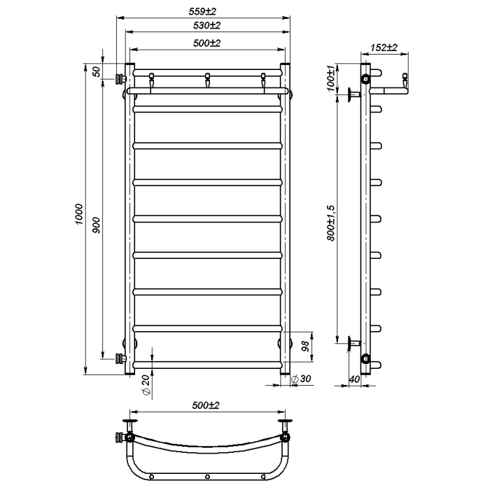 Water towel dryer Sora New (1 000*500,9,Grey,Left)