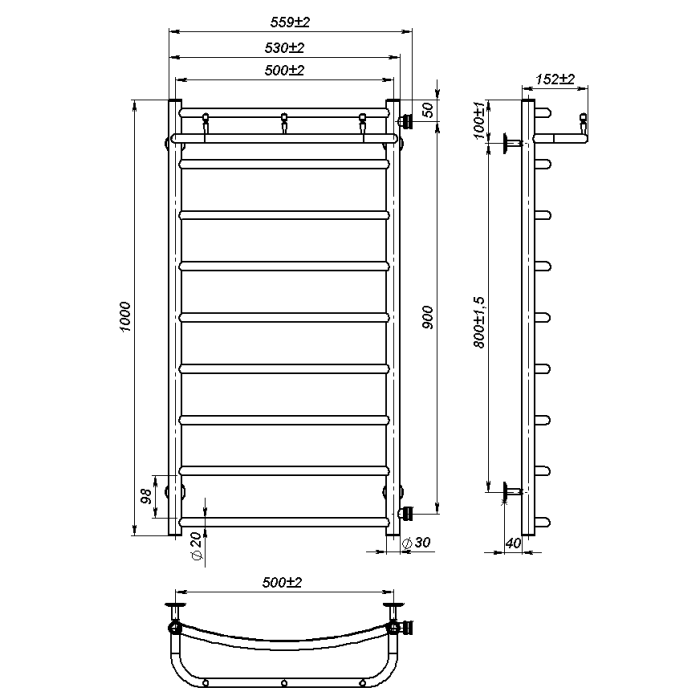 Water towel dryer Sora New (1 000*500,9,Grey,Right)