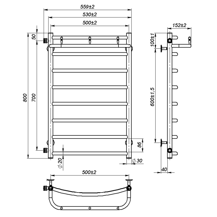 Water towel dryer Sora New (800*500,8,Polished,Left)