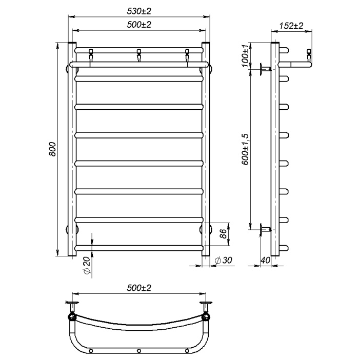 Water towel dryer Sora New (800*500,8,White,Lower)