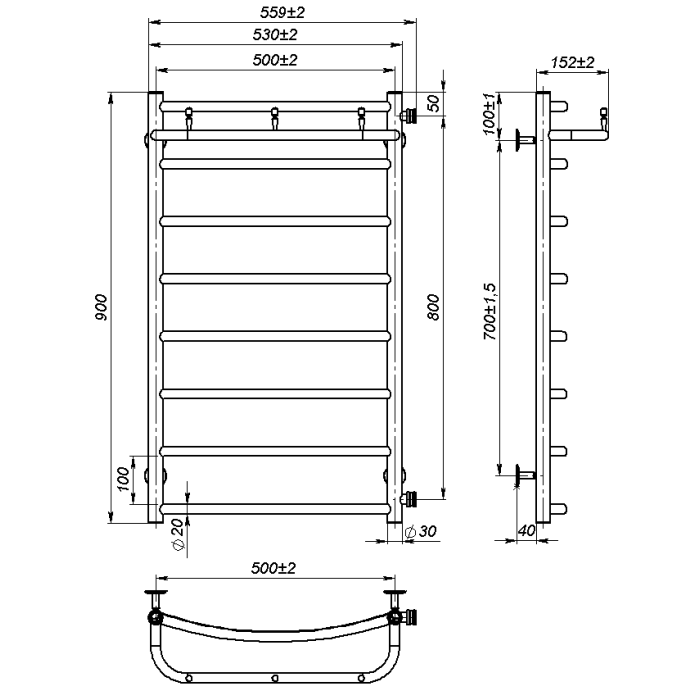 Water towel dryer Sora New (900*500,8,White,Right)