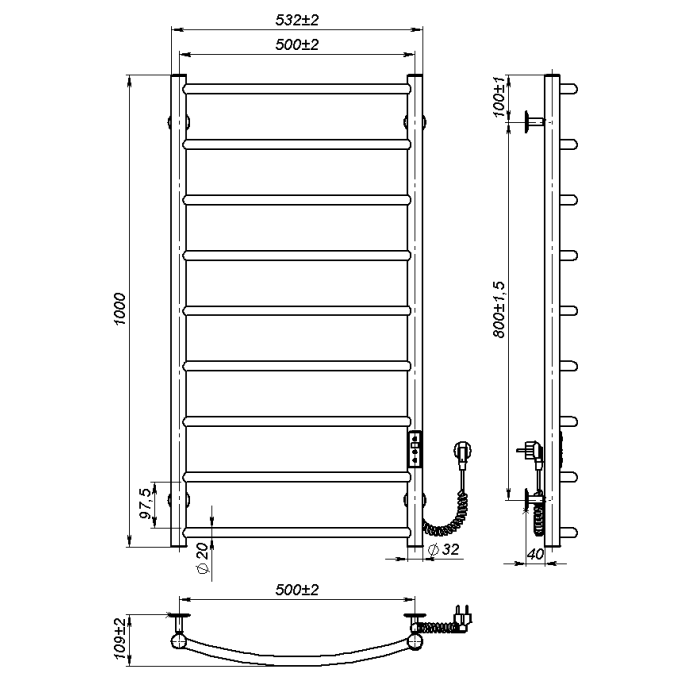 Electric towel dryer Sora (1000*500,9,Grey,Right,JD03)