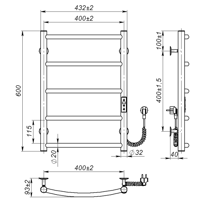 Electric towel dryer Sora (600*400,5,White,Right,JD03)
