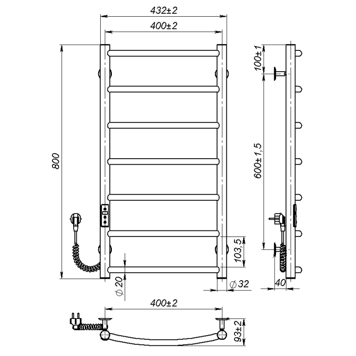 Electric towel dryer Sora (800*400,7,Grey,Left,JD03)