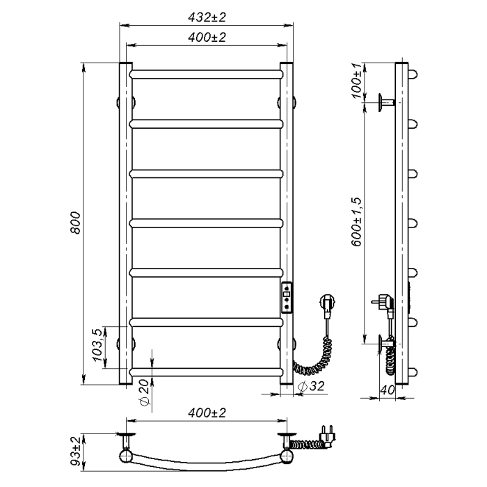 Electric towel dryer Sora (800*400,7,White,Right,JD03)