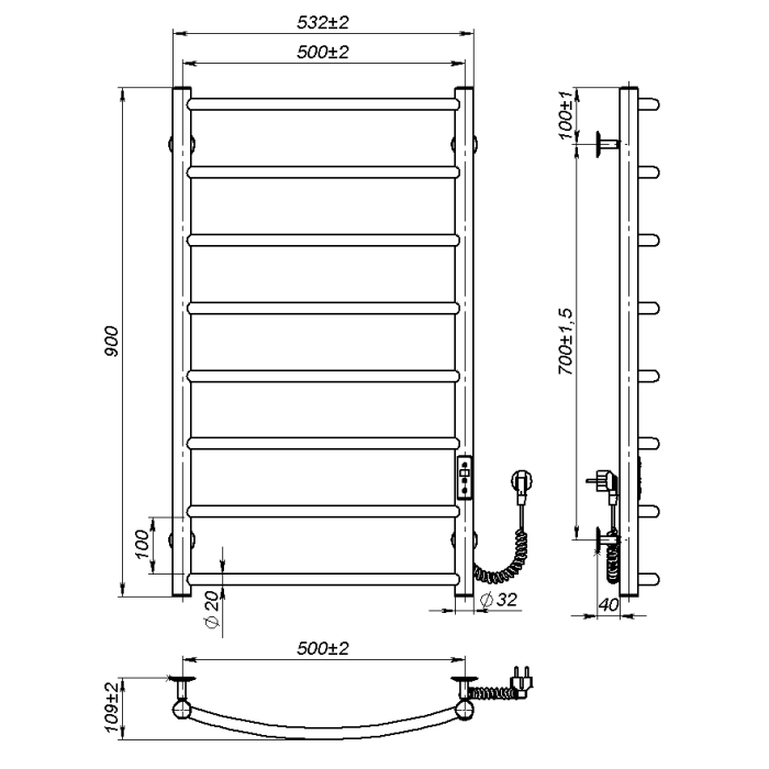Рушникосушарка електрична Sora (900*500,8,Сіра,Праве підключення,JD03)