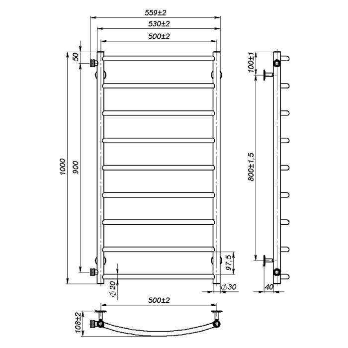 Water towel dryer Sora (1000*500,9,Grey,Left)