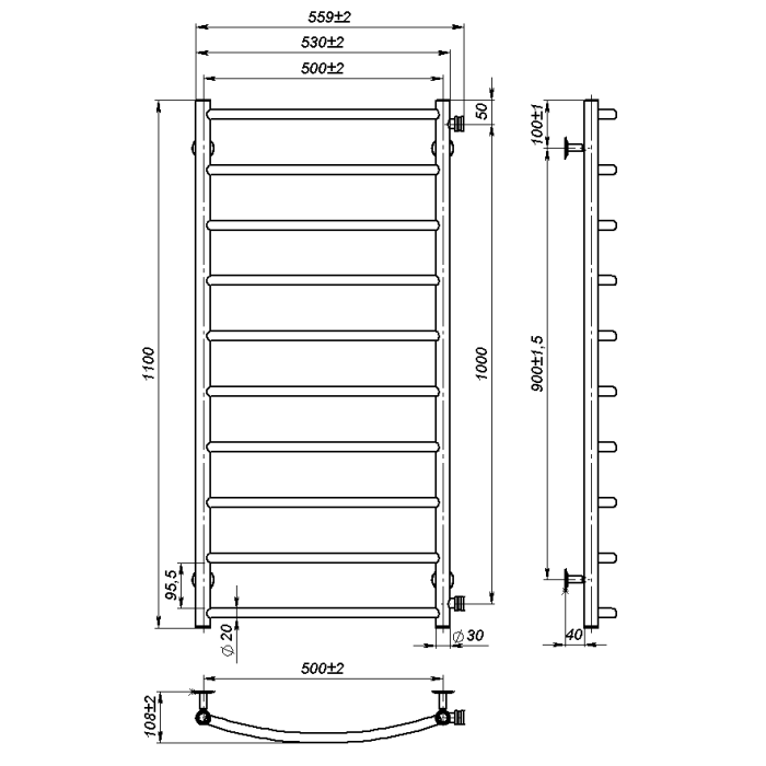Рушникосушарка водяна Sora (1100*500,10,Біла,Праве підключення)