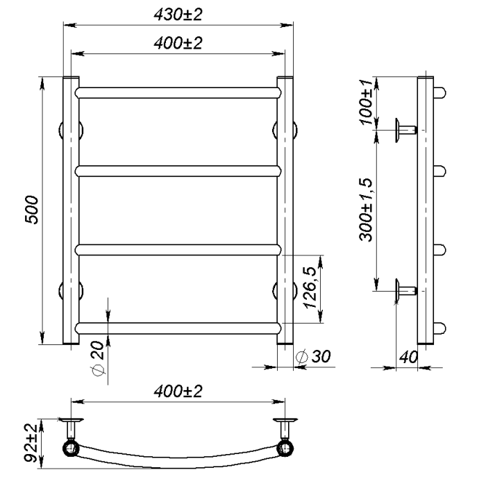 Water towel dryer Sora (500*400,4,Polished,Lower)