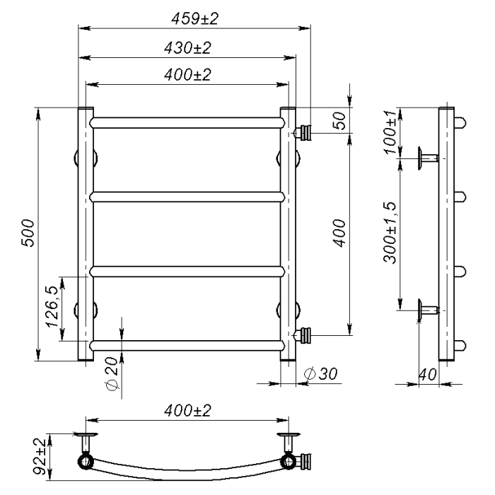 Рушникосушарка водяна Sora (500*400,4,Полірована,Праве підключення)