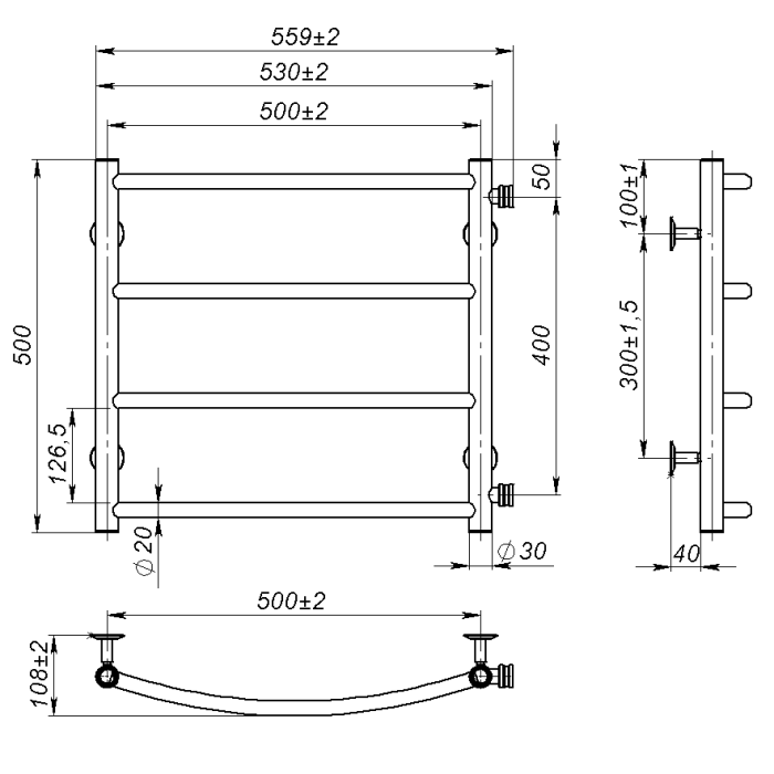 Water towel dryer Sora (500*500,4,Grey,Right)