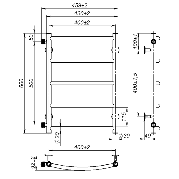 Рушникосушарка водяна Sora (600*400,5,Сіра,Ліве підключення)