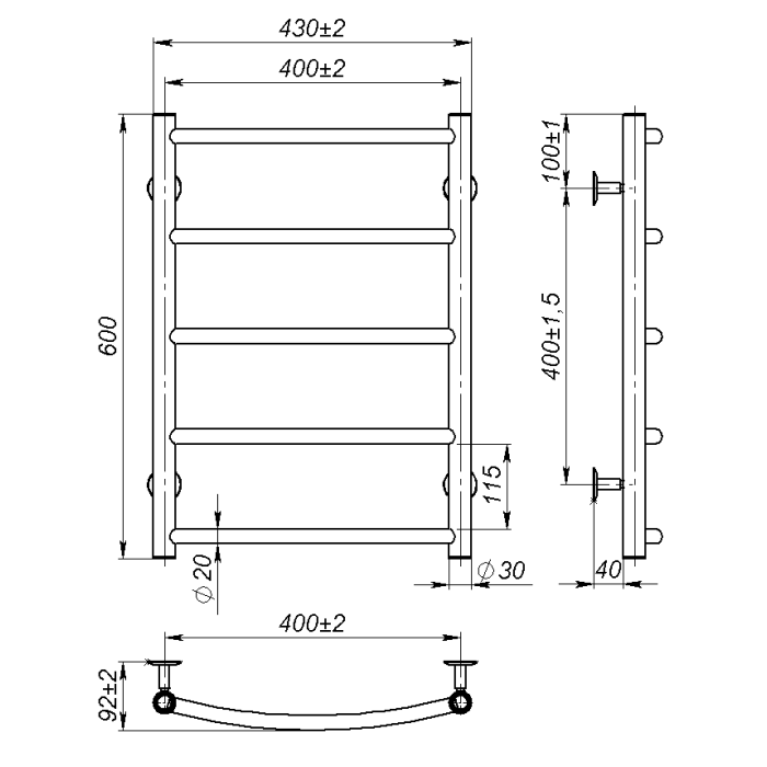 Рушникосушарка водяна Sora (600*400,5,Сіра,Нижнє підключення)
