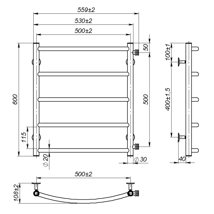 Рушникосушарка водяна Sora (600*500,5,Сіра,Праве підключення)
