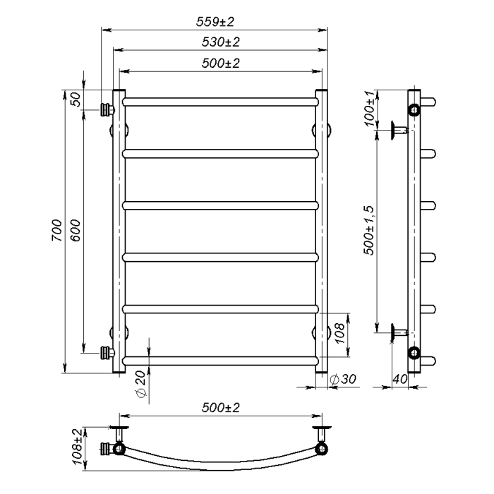 Рушникосушарка водяна Sora (700*500,6,Сіра,Ліве підключення)