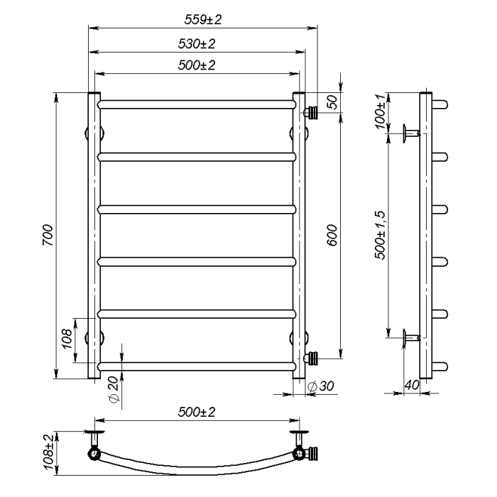 Рушникосушарка водяна Sora (700*500,6,Сіра,Праве підключення)