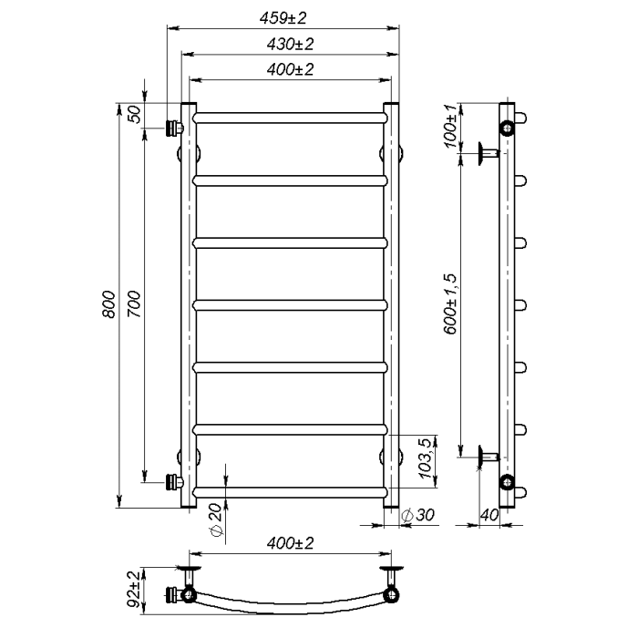 Water towel dryer Sora (800*400,7,Grey,Left)