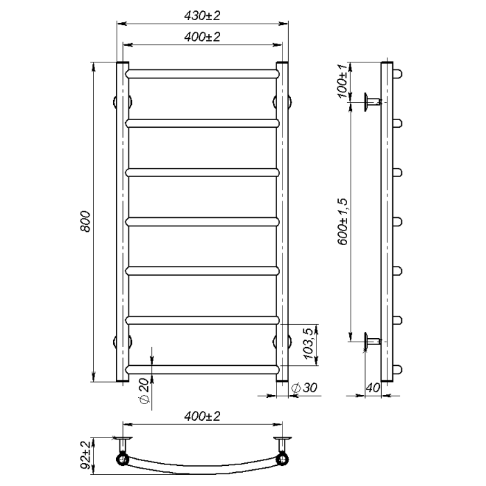Рушникосушарка водяна Sora (800*400,7,Полірована,Нижнє підключення)