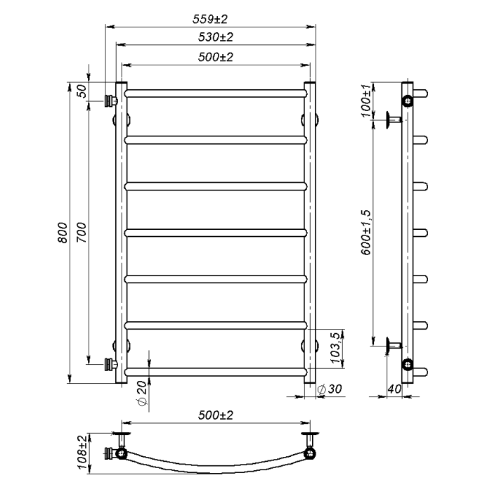 Рушникосушарка водяна Sora (800*500,7,Сіра,Ліве підключення)