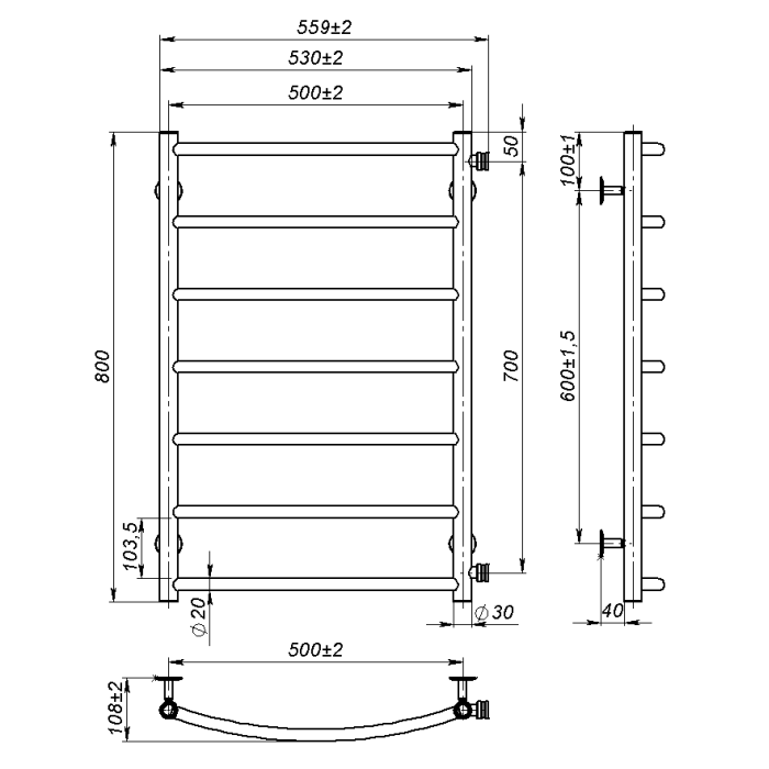 Рушникосушарка водяна Sora (800*500,7,Сіра,Праве підключення)