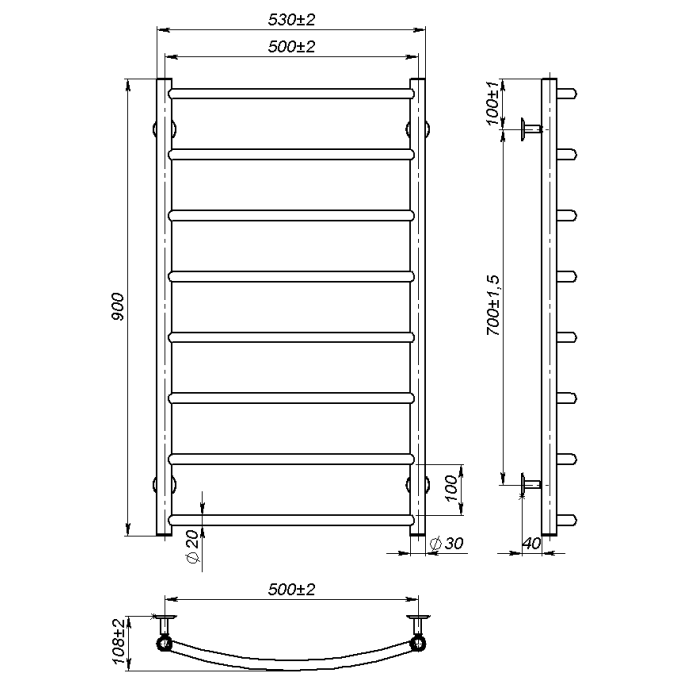 Рушникосушарка водяна Sora (900*500,8,Чорна,Нижнє підключення)