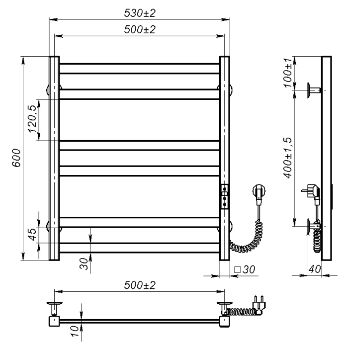 Рушникосушарка електрична Sirius (600*500,6,Сіра,Праве підключення,JD04)