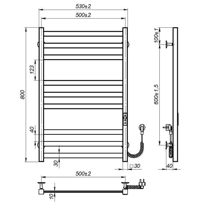 Рушникосушарка електрична Sirius (800*500,9,Сіра,Праве підключення,JD04)