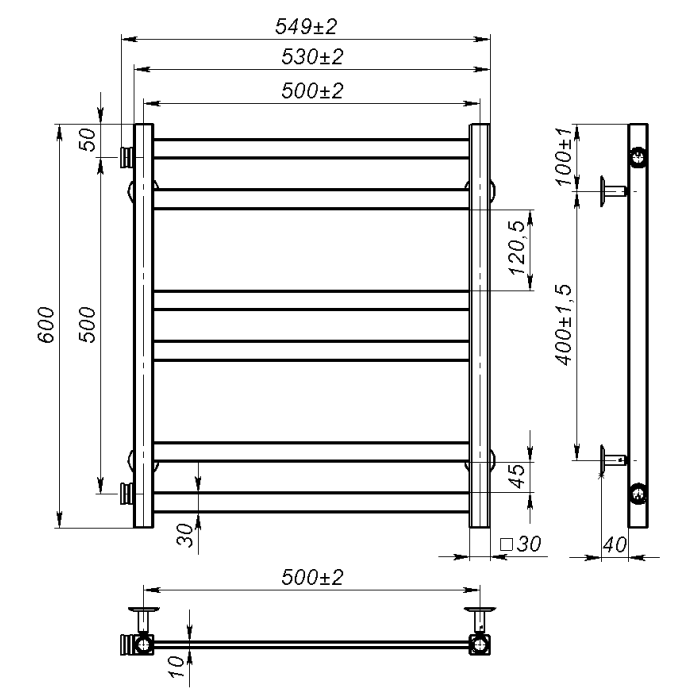 Water towel dryer Sirius (600*500,6,Polished,Left)