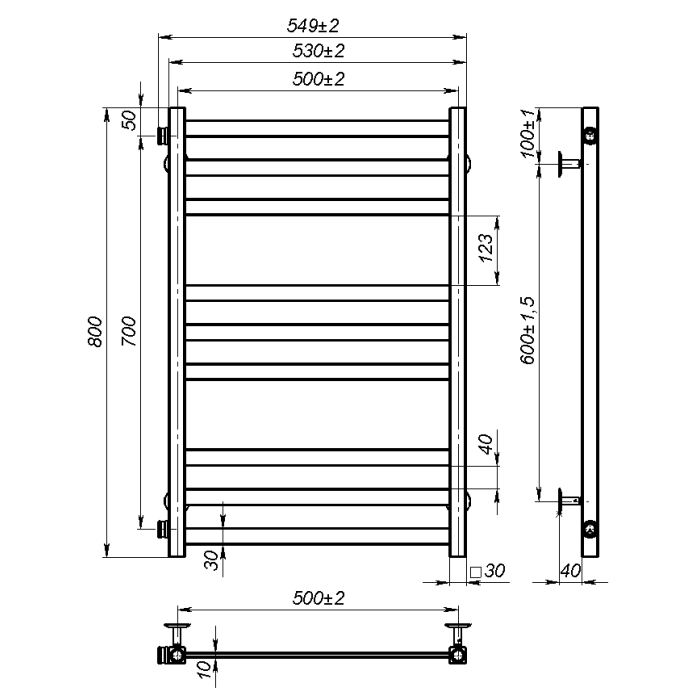 Water towel dryer Sirius (800*500,9,Grey,Left)