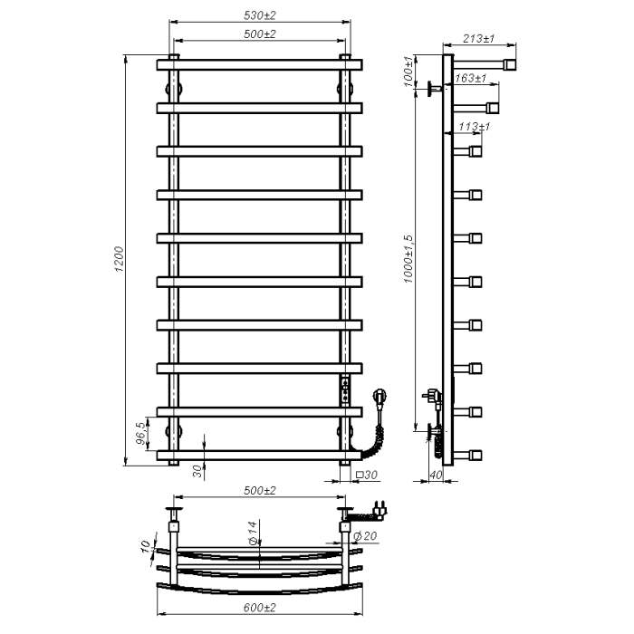Рушникосушарка електрична Terra (1200*500,10,Сіра,Праве підключення,JD04)