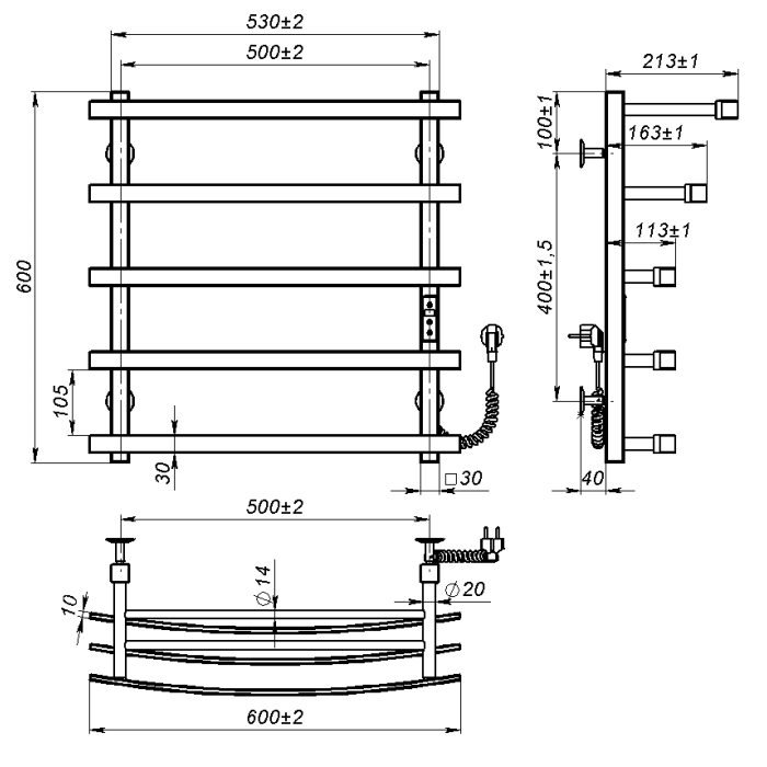Рушникосушарка електрична Terra (600*500,5,Сіра,Праве підключення,JD04)