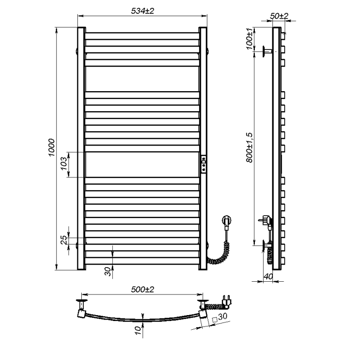 Рушникосушарка електрична Vega (1000*500,15,Сіра,Праве підключення,JD04)