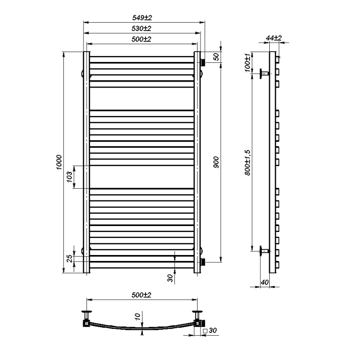 Water towel dryer Vega (1000*500,15,Black,Right)